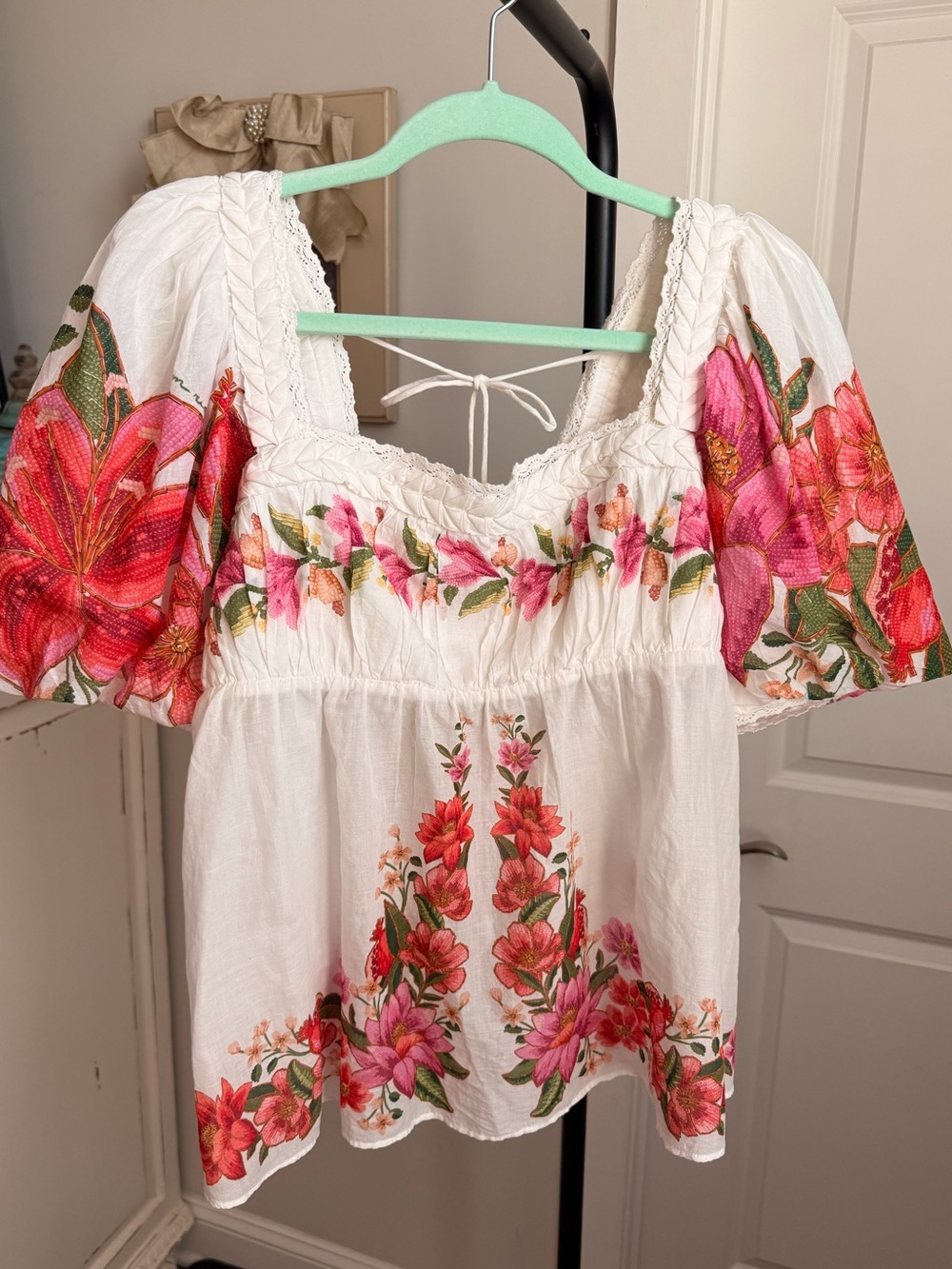 NWT FARM Rio White/Pink/Green 100% Cotton Floral Boho Top, Size XL